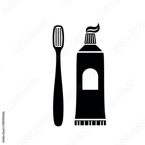 Black Silhouette Icon of Toothbrush and Toothpaste.