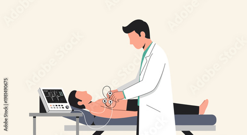 Doctor Performing EKG Test on Patient Lying Down, Medical Examination