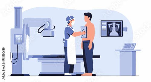 Doctor performing medical imaging on male patient in modern radiology room