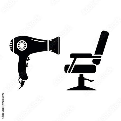 Black Silhouette of Hair Dryer and Barber Chair.