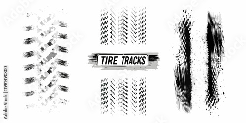 Various tire track impressions and a graphic with the words tire tracks