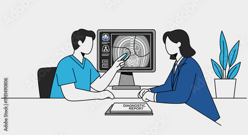 Doctor showing medical scan to patient, diagnostic report on table