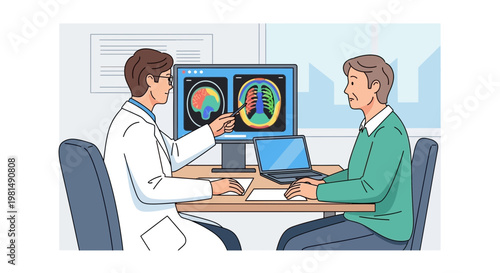 Doctor showing medical scan results to patient on computer screen in clinic