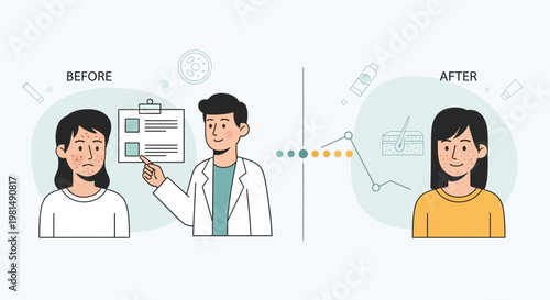 Doctor showing patient skin improvement before and after treatment, dermatology concept