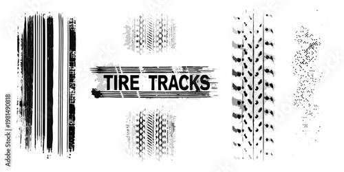Various tire track impressions and a text graphic on white background
