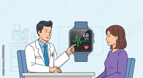 Doctor showing smartwatch with heart rate monitor to patient, modern healthcare concept