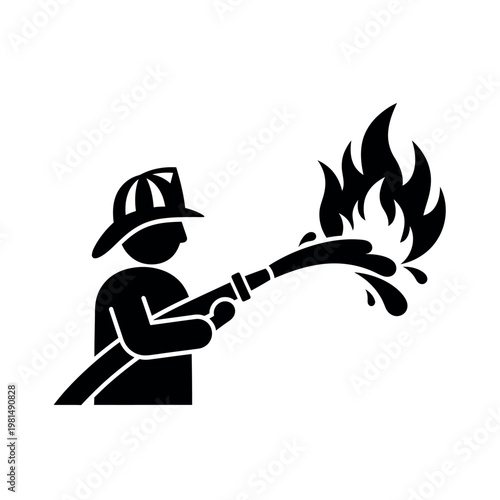 Firefighter extinguishing flames with water hose icon.