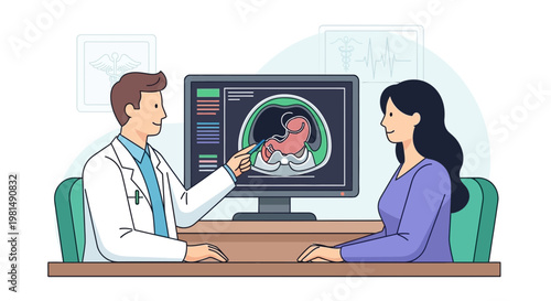 Doctor showing ultrasound scan of stomach to female patient in clinic