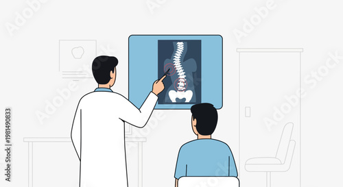 Doctor showing spine x-ray to patient, scoliosis diagnosis, medical consultation