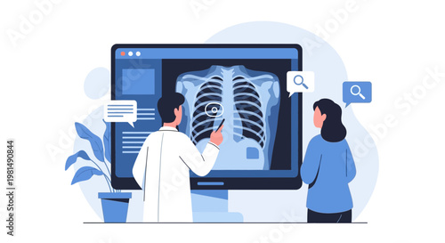Doctor showing X-ray scan of lungs on computer screen to patient, medical consultation
