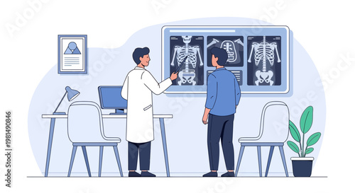 Doctor showing X-ray results to patient in clinic, medical consultation