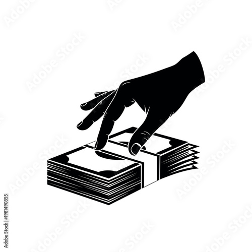 Hand Reaching For Stack Of Money.