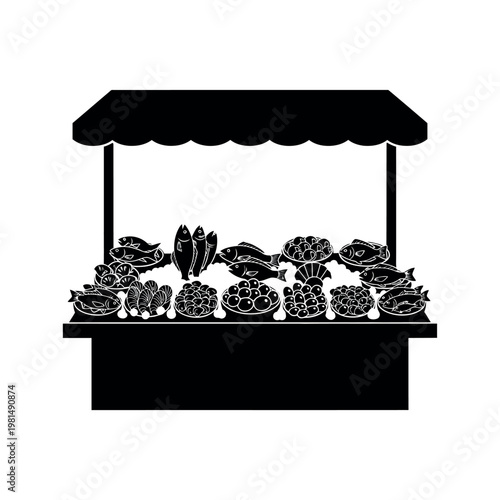 Illustration of a Fish Market Stall with Fresh Seafood Display.