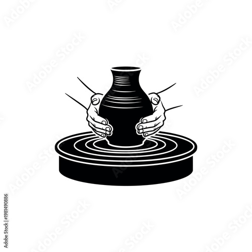 Hands shaping clay on a pottery wheel creating a vase.