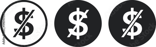 No Dollar Sign Icon Set with Strikethrough, Vector Illustration for Financial Restrictions and Currency Management
