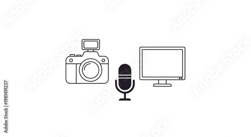 Line icons of camera, microphone, and computer monitor.