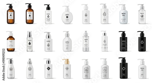 Collection of various cosmetic and skincare product bottles and dispensers.