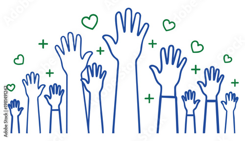 Volunteers and charity work. Raised helping hands. Vector thin line icon illustrations with a crowd of people ready and available to help and contribute. Positive foundation, business, service