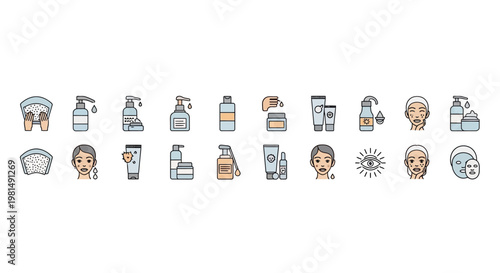 Flat design icons of people washing hands and using hygiene products.