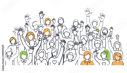 Volunteers and charity work. Raised helping hands. Vector thin line icon illustrations with a crowd of people ready and available to help and contribute. Positive foundation, business, service