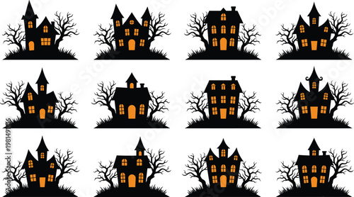 Halloween Haunted Houses with Creepy Trees, Spooky Halloween Decor, Dark Silhouettes, and Orange Windows