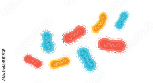 Microscopic view of various colorful bacteria and microorganisms representing different shapes and sizes of germs in a scientific study.