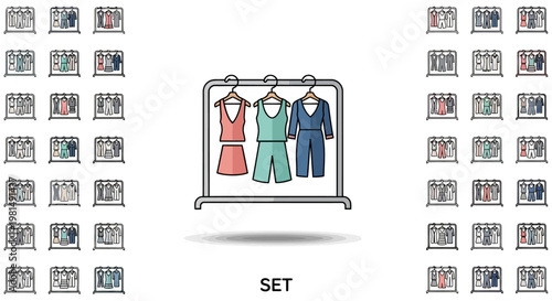 Fashion clothing rack with colorful outfits.