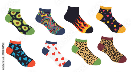 Variety of stylish ankle socks featuring creative patterns such as avocado, flames, hearts, leopard print, and abstract swirls.