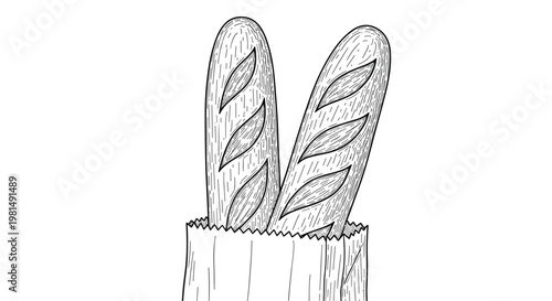Detailed hand-drawn illustration of two fresh crusty French baguettes sticking out of a crinkled brown paper grocery bag.