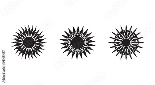Three black sunburst shapes with pointed rays isolated on white background for graphic design  abstract solar symbols