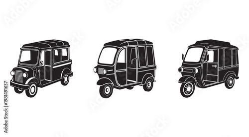 Three black tuk tuks in different angles for transportation and travel concepts