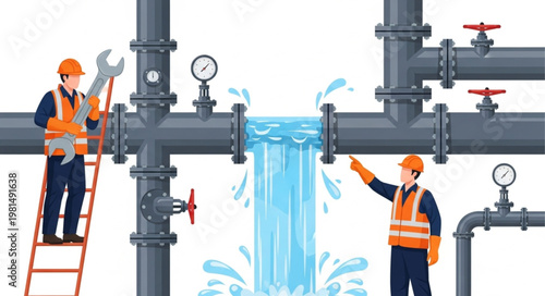 Two plumbers fixing a leaking pipe system with water splashing.