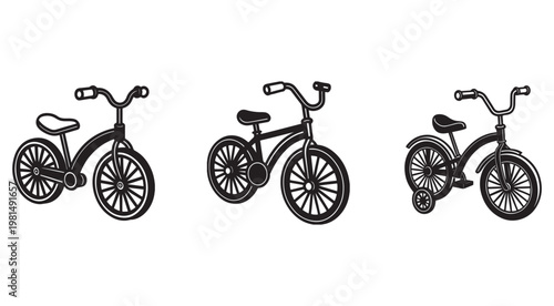 Three different bicycle designs with various wheel and frame configurations  isolated on white background
