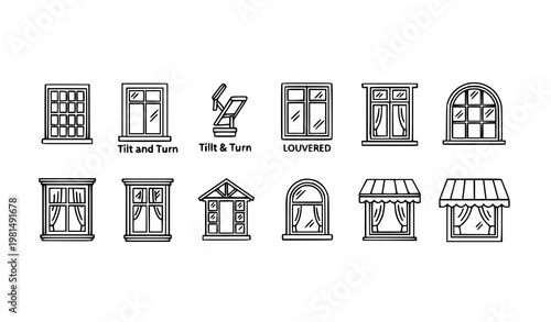 Modern House Window Line Icons Collection Architectural Window Styles for UI Design and Building Plans