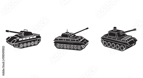 Three different military tanks with guns and treads in a row on a transparent background