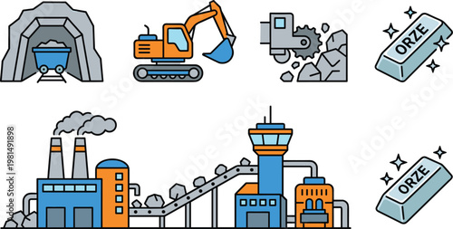 Mining industry icons set illustration with extraction equipment, ore processing, factory production and industrial resource concept minimal flat design