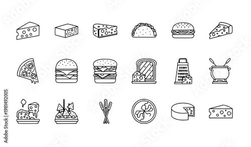 Cheese outline icons set with fast food and dairy products editable vector collection for web and mobile