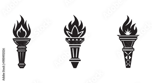 Three torches with different designs and flame styles on white background  isolated graphic elements