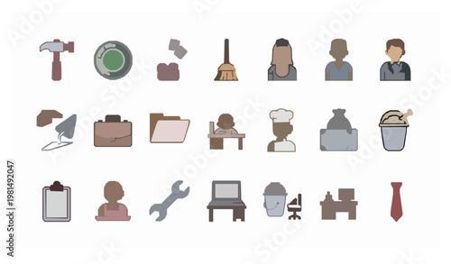 Modern rounded outline job icons collection with worker professions tools and office service symbols vector