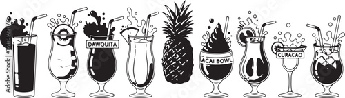 A vibrant collection of smoothie bowls and drinks with fresh fruits and toppings Vector