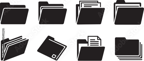Black and white of various office folders, binders, and notebooks in different styles