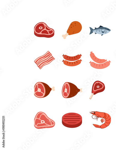Assorted Raw Meat, Fish, and Seafood Icons: Steak, Chicken, Bacon, Sausages, Ham, Shrimp