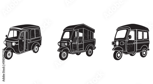 Tuktuk taxi vehicle transportation icon set  three black and white illustrations of auto rickshaws from different angles  side and front views