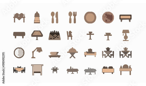 Rounded table outline icons collection with dining furniture and gaming table symbols vector set