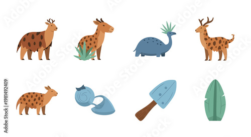 Fotografie Cute prehistoric animals and plants collection, cartoon style