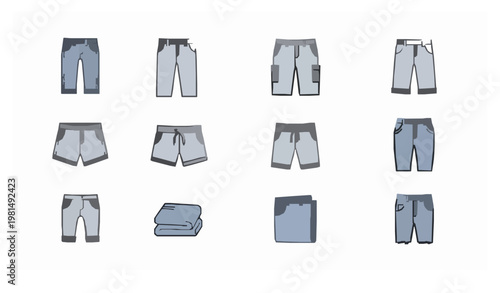 Minimal filled pants icons set with jeans trousers shorts and casual clothing symbols clean vector illustration