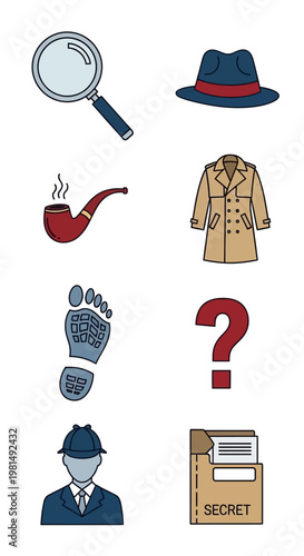 Detective Concept Icons: Magnifying Glass, Hat, Pipe, Trench Coat, Footprint, Question Mark, Agent, Secret File