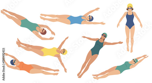 Diverse women swimming freestyle and backstroke in a pool, vintage style illustration