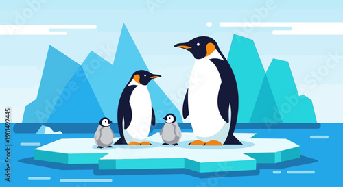 Family of penguins on ice floe, arctic landscape, cute animals, winter scene