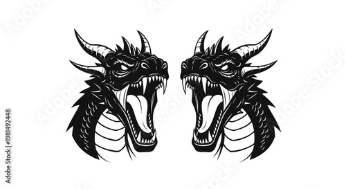 Fierce Dragon Heads Silhouette, Mythical Creature, Fantasy Art